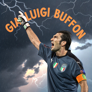 Digital illustration of Gianluigi Buffon, former Italian soccer goalkeeper. Dramatic pose, World Cup jersey, stormy cloud backdrop, orange text highlighting his name.