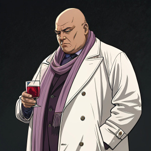 Wilson Fisk, aka Kingpin, large and intimidating, white coat, purple scarf, holding a glass of red liquid. Dark background, stylized cartoonish illustration.