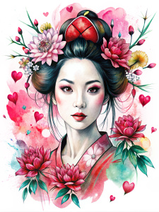 Donna bella giapponese con fiori  sfondo bianco con cuori colore fucsia vernice  graffiti 