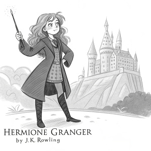 A detailed black and white sketch of Hermione Granger. She is standing confidently in front of Hogwarts Castle, holding a magical wand. Her determined expression is clearly visible. The illustration is hand-drawn with expressive lines and shapes. At the bottom, it reads 'Hermione Granger by J.K. Rowling'
