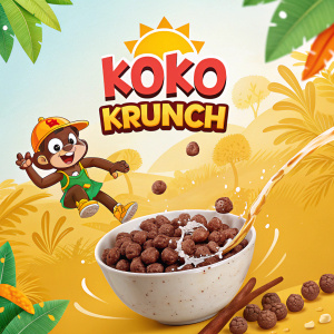 Creative ad featuring Nestle Koko Krunch cereal. The mascot, a playful monkey, leaps joyfully against a vibrant, sunny background.