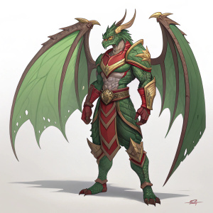 Concept art of Dragon Khan from Paladins. Muscular build with dragon-like features. Green, brown, and red color scheme. Illustration showcases intricate details of his muscles, armor, and wings.