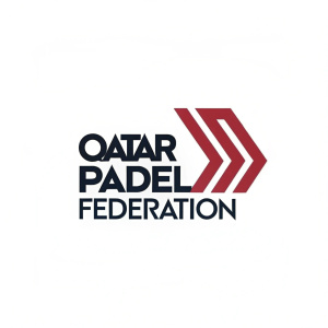 Logo for Qatar Padel Federation. Bold modern design with red arrow and text 'QATAR PADDEL FEDERATION' in contemporary font style.