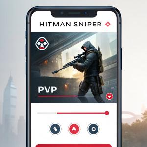 Screenshot of the initial Hitman Sniper mobile app interface showcasing PvP score features and detailed game element descriptions.