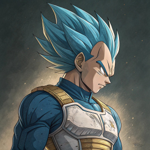 Digital illustration of Vegeta. Blue, spiky hair, blue and gold outfit. Detailed muscular structure, intricate outfit details. Dark, muted background. Focused on dynamic, powerful appearance.