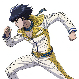 Bruno Bucciarati, from JoJo's Bizarre Adventure, depicted in a dynamic manga style. He's in an intense battle stance, with his signature hairstyle and iconic outfit. Vibrant colors and intricate details in the illustration.