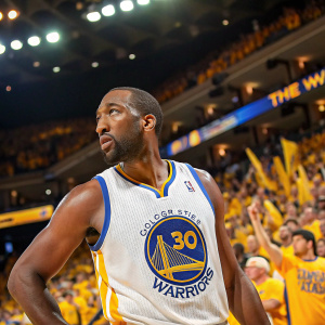 Gilbert Arenas, intense stare, in golden state warriors jersey, number 30. Stadium filled with cheering fans.
