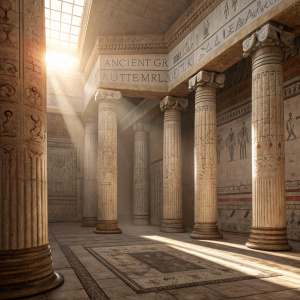 An ancient Greek temple interior with tall, intricately carved marble columns. Sunlight streams in, illuminating the faded, intricate hieroglyphics on the walls.