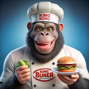 Necesito un gorila animado vestido de chef con una sonrisa agarrando en su mano una hamburguesa en logo el nombre del negocio es King Kong Burger 