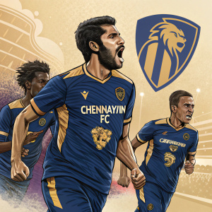 Digital art featuring Chennaiyin FC lineup. Blue and gold uniform. Team logo prominently displayed. Stylized emblem. Action shot