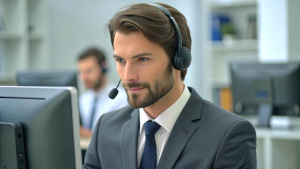 Dedicated male call center operator wearing headset working on computer in call center office.