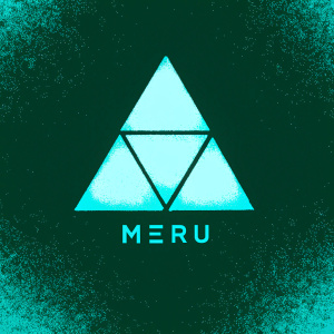 Logo design for Meru, sleek and modern. Green geometric shapes forming a triangle. Dark background, minimalist font for 'Meru'