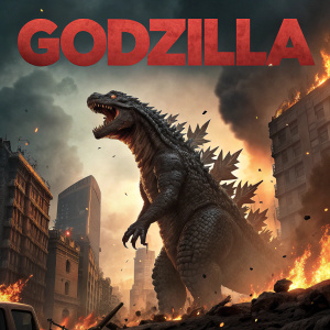 Official poster for Godzilla. A massive, fire-breathing monster, teeth bared, amidst ruins. Dramatic, fiery background. Title 'GODZILLA' in bold, red letters.