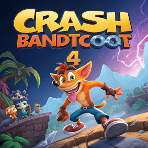New game cover: Crash Bandicoot 4. Digital art style, PlayStation 5 platform.