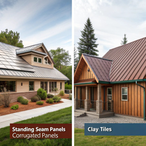Three types of metal roof styles side by side: standing seam panels on a modern house, metal shingles resembling clay tiles, and corrugated panels on a rustic home — labeled and realistic, educational style