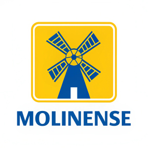 Logo calcio Molinense con scritta Molinense logo mulino a vento stilizzato colore giallo blu forma quadrata 