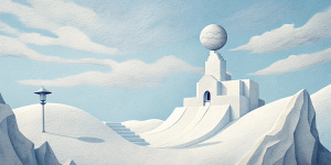 White illustration,  René Magritte style, surrealism, aesthetics, architecture,  white, gain paper, --aspect 4:1