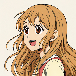 Anime-style illustration of a young girl with long wavy hair. Cheerful expression, close-up view, plain background, simple line art.