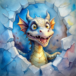 Funny dragon coming out of cracked wall