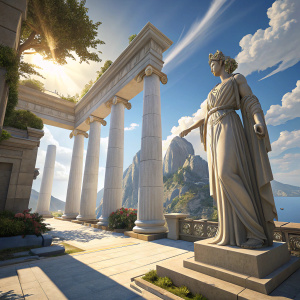 Digital art rendering of the Ilios map from Overwatch. Bright sunlight casting dramatic shadows. Tall white stone columns, statue of woman in flowing robe. Clear blue sky with rocky formations. 3D scene