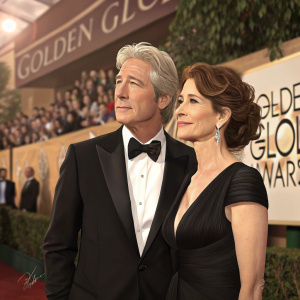 Richard Gere and Debra Winger at the Golden Globe Awards. Gere in black tuxedo, Winger in black dress. Blurred audience in the background