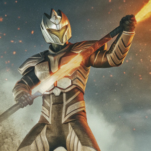 Ultraman Zero, in a fierce battle stance. Wearing armor with silver, gold, and orange hues. Fiery celestial background