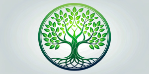 logo, tree with twisting tree trunk with green leaves and roots in a circle