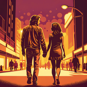 Sebastian Rulli and Angelique Boyer, walking on a bustling city street at night. They wear casual outfits and hold hands.