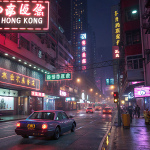 A vibrant 3D rendering of Hong Kong's bustling streets at night. Neon signs in Chinese and English light up the cityscape. Cars and lights create a colorful spectacle in the dense urban environment.