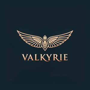 The Valkyrie brand logo showcases a sleek, wing-shaped design above a deep, dark background. The word 'VALKYRIE' is displayed in a traditional font below, featuring a soft color scheme with earthy hues.