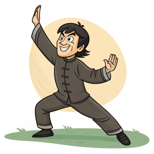 Cartoony illustration of Jackie Chan. Standing in a martial arts pose.