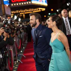 Chris Evans in a sleek navy suit and Natasha Shishmanian in a stunning aquamarine gown. Crowded red carpet event, flashing cameras.
