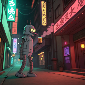 A colorful 2D animation scene featuring Bender, the iconic Futurama character. Bender stands in a vibrant, neon-lit alleyway. He holds a drink in one hand while exhaling smoke.