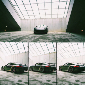 A sleek Porsche GT3 RS parked in a futuristic, angular garage. The car is illuminated by a grid of lights embedded in the ceiling. Multiple angles captured in a photo series.