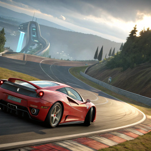 High-definition screenshot from Forza Motorsport 3, featuring a sleek Ferrari on a winding track. Background includes elements from Halo 3 ODST