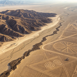 Aerial view of intricate geoglyphs in Nazca Desert, Peru. High-definition photograph showcasing Nazca Lines. Various geometric shapes and figures etched into the earth, distinct brown and tan hues contrasting against sandy backdrop.