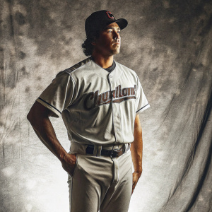 Justin Garza, Hispanic baseball player, posing seriously. Wearing white Cleveland Guardians jersey, black cap. Gray studio backdrop.