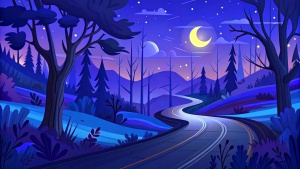 Road animation in woodland at night