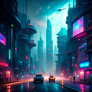 A neon-lit cyberpunk cityscape, where sentient AI constructs and autonomous drones navigate the labyrinthine streets amid holographic billboards and flickering signs.



