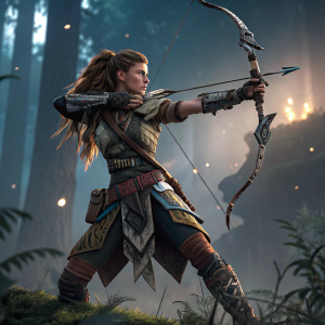 Digital illustration of Aloy, Horizon Zero Dawn character, dynamic pose, bow ready to shoot. Futuristic tribal design.