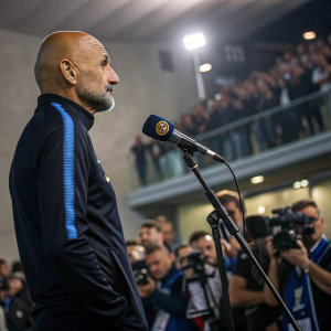 Luciano Spalletti, bald Italian coach, giving a press conference. A microphone in front of him. A crowd of reporters behind.