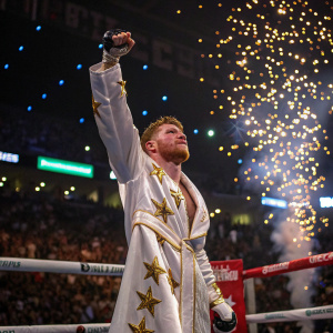 Canelo Alvarez in a victorious pose after winning a boxing match. He wears a white boxing robe adorned with golden stars. The background is filled with a cheering crowd in a packed stadium. The atmosphere is electrifying, with colorful lights and banners