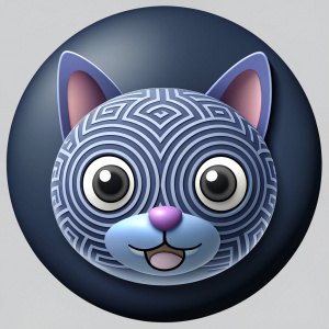 cat head with maze illustration, black background, round button