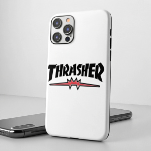Thrasher phone case featuring the brand's iconic logo on a sleek white background.