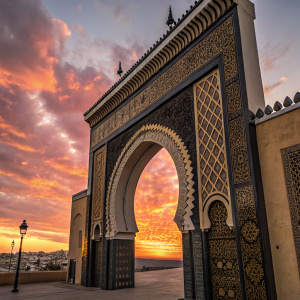 A stunning Moroccan archway, intricately decorated with black and gold designs. The backdrop is a vibrant sunset sky
