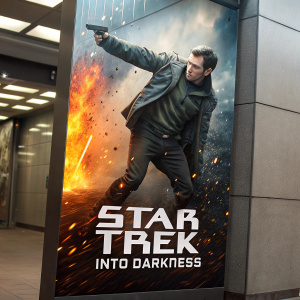 Movie poster for 'Star Trek Into Darkness' in vivid 3D. Actor poses dynamically amidst explosions. Futuristic setting with muted tones. Fiery explosions add dramatic contrast. Clear title and release date.
