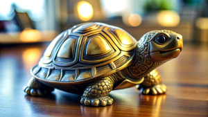 Please display for me the desktop metal turtle figurine that is located on my home table. 