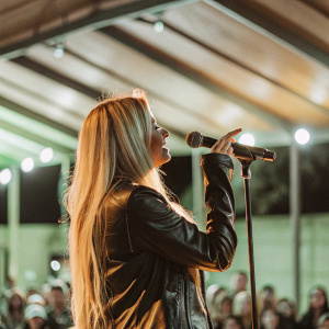 Avril Lavigne performing live. Long blonde hair. Wearing a black leather jacket. On stage at the Grammy Museum. Artificial lighting. Large audience visible in the background.