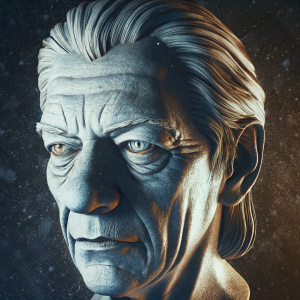 Digital 3D rendering of a detailed bust sculpture featuring Sir Ian McKellen's face. Realistic lighting and shading emphasize facial contours and wrinkles.