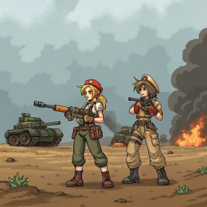 Eri Kasamoto and Fio Germi, from the video game Metal Slug, depicted in a vivid, pixel-art style. They stand in a desolate battlefield, guns drawn. Background features exploding tanks and smoke.